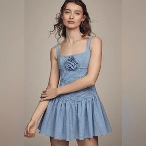 NWT Anthropologie Maeve Smocked Rosette Drop-Waist Mini Dress Large Gingham